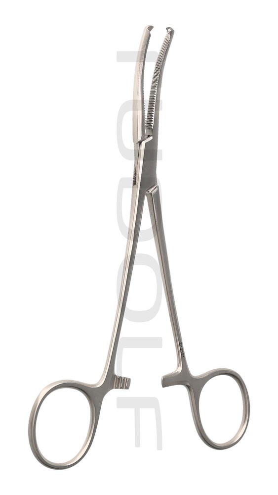 Затискач гемостатичний Ochsner-Kocher, зігнутий, 1x2 зубця, 16 см